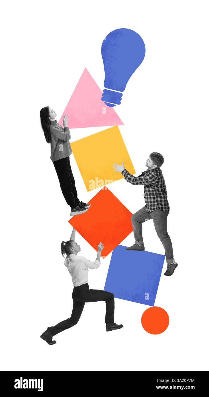 Contemporary art collage. Team stacking geometric blocks towards light ...