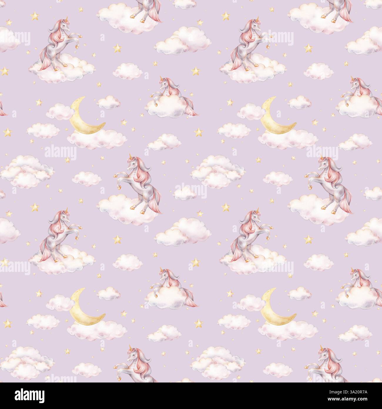 Seamless watercolor pattern with Unicorn and yellow stars, and clouds ...