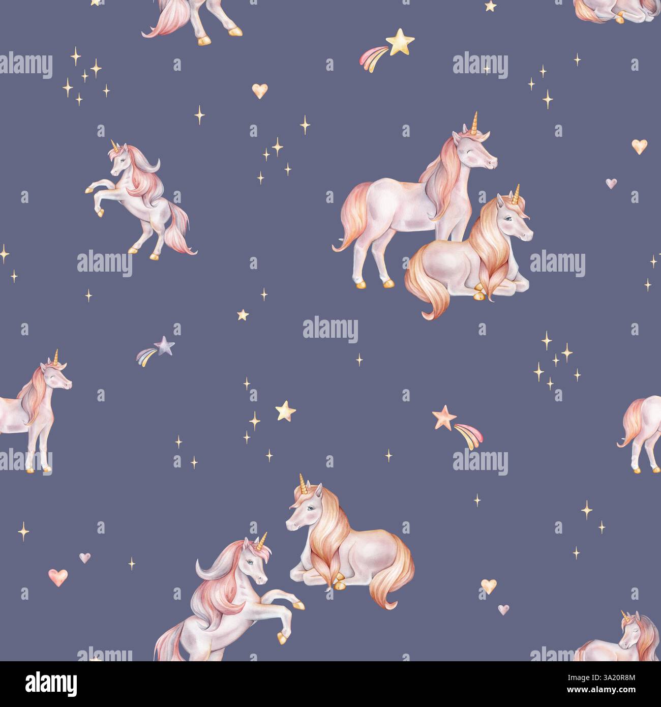 Seamless watercolor pattern with Unicorn and multicolored stars. Hand ...
