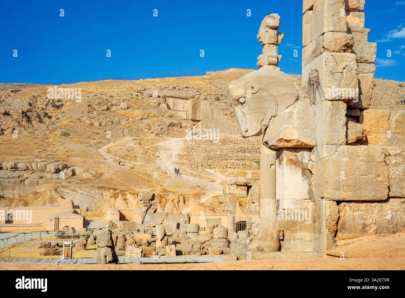 Middle Eastern Column Columns and Guardian horse sculpture at Apadana palace, Persepolis ...