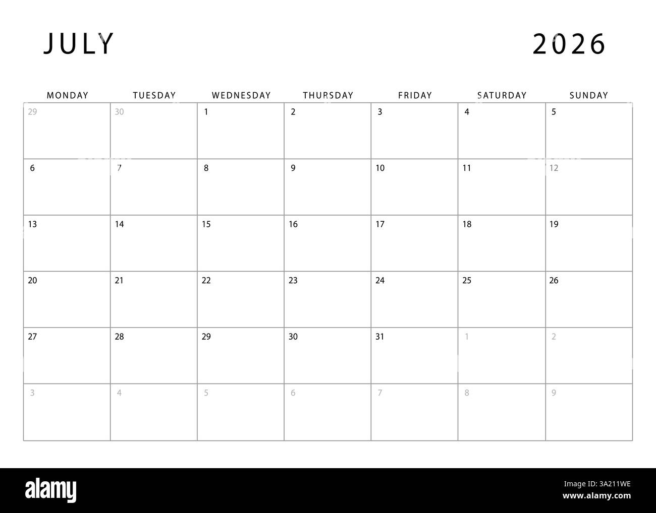 July 2026 Calendar Monthly Planner Template Monday Start Vector july-2026-calendar-monthly-planner-template-monday-start-vector
