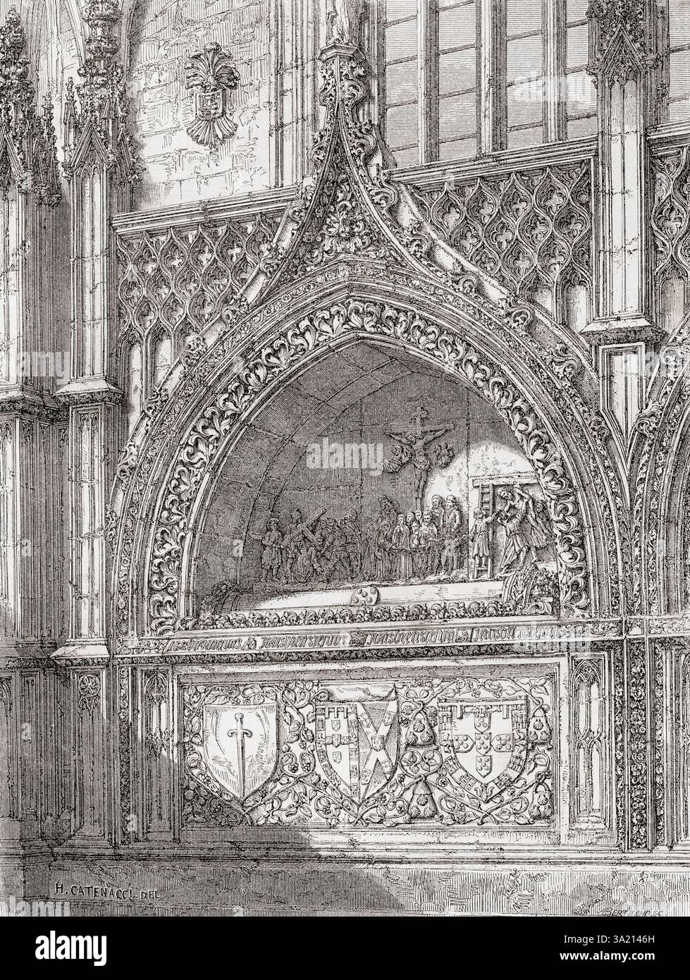 One of the tombs of the four princes, sons of King John I, in the Monastery of Batalha, Portugal, 19th century.  From Voyage dans les Provinces du Nord du Portugal or Travel to the northern Provinces of Portugal, by Olivier Merson, 1857.  Featured in Le Tour du Monde, published 1861. Stock Photo