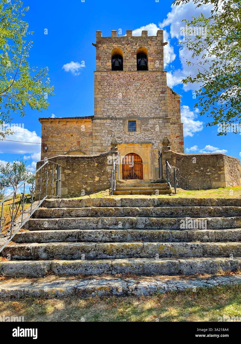 Facade of the church. Tortonda, Guadalajara province, Castilla La Mancha, Spain. - Smartphone Captured Stock Image