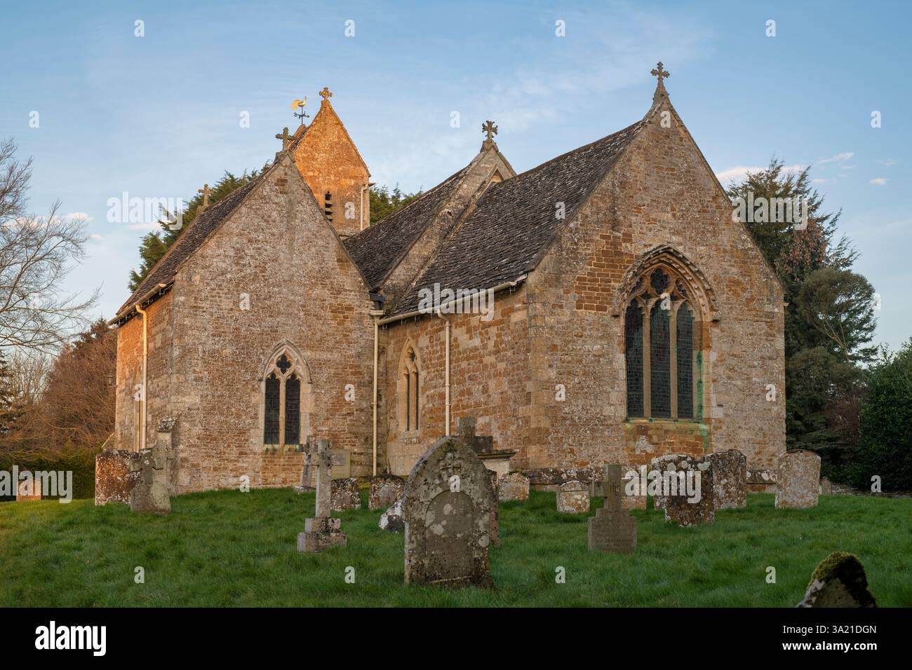 Church of St Lawrence at sunrise in march. Barton on the Heath. Warwickshire. England. Stock Photo