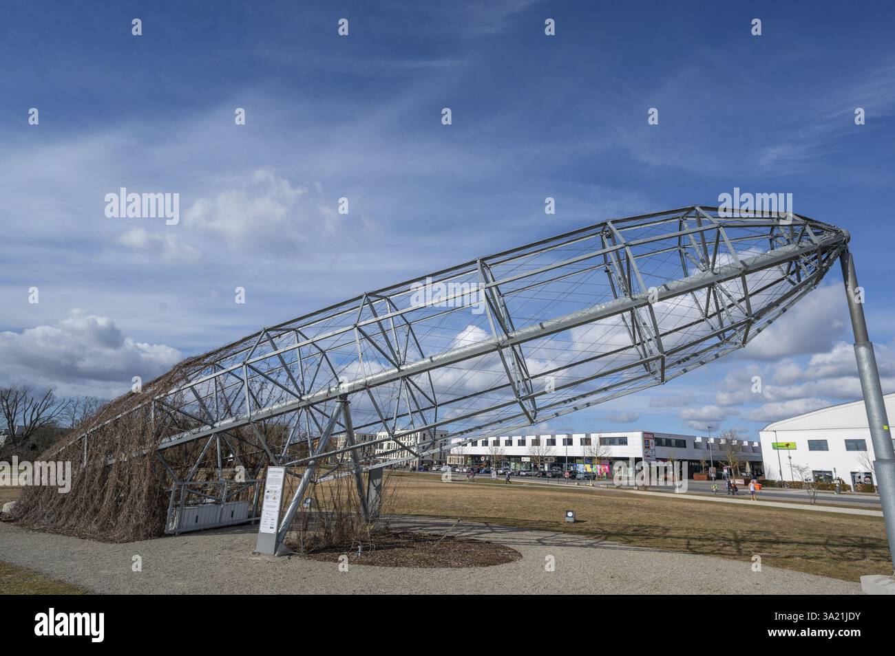 Zeppelin artwork, art and media installation The last airship for the LGS 2018 by Michael Ehlers, new Hubland residential area, Wuerzburg, Lower Franc Stock Photo