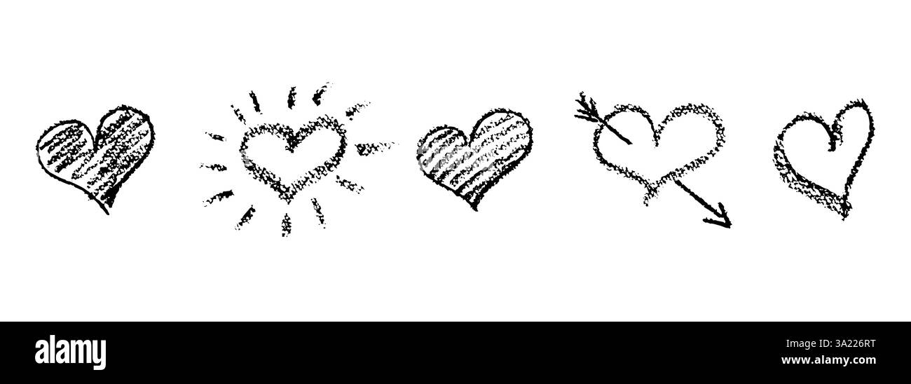 Set of black hearts signs drawn by wax pencil. Love symbols in doodle ...