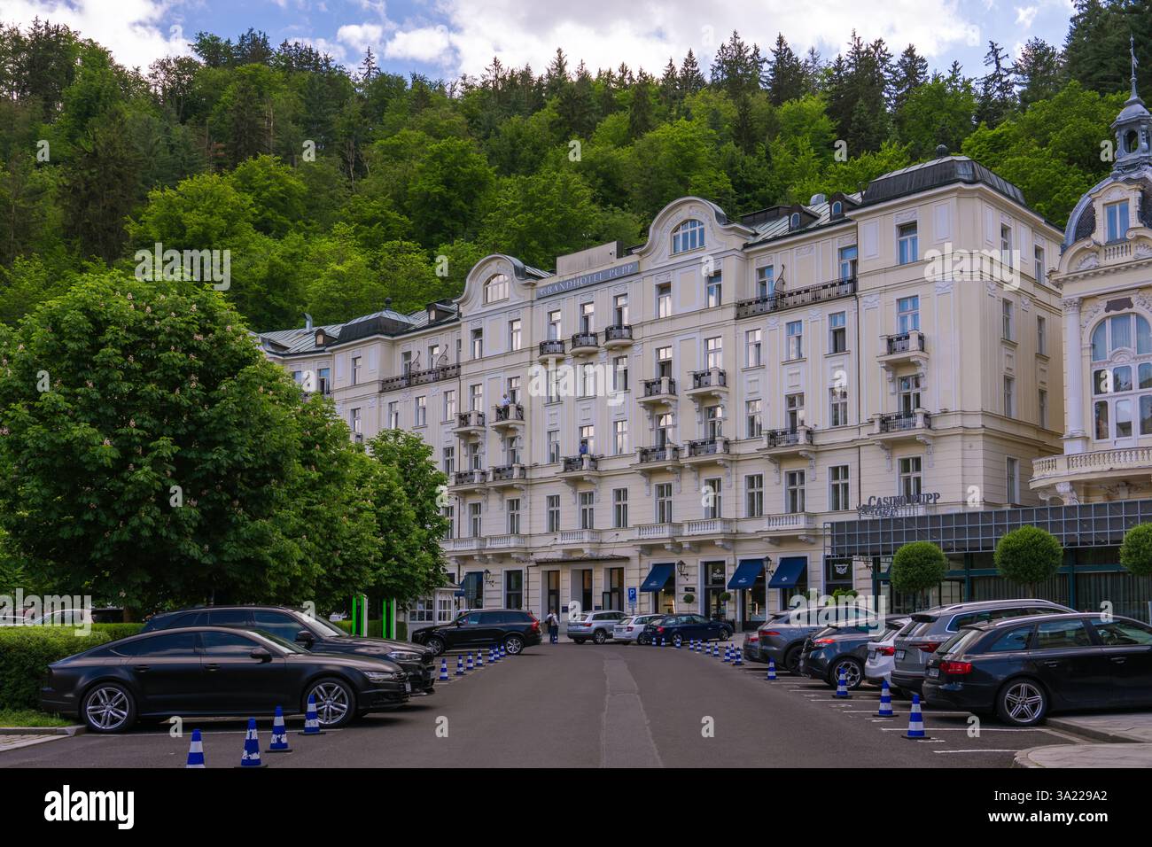 This is the Grandhotel Pupp, a famous luxury hotel in Karlovy Vary, a popular spa town on May 23, 2024 in Karlovy Vary, Czech Republic Stock Photo
