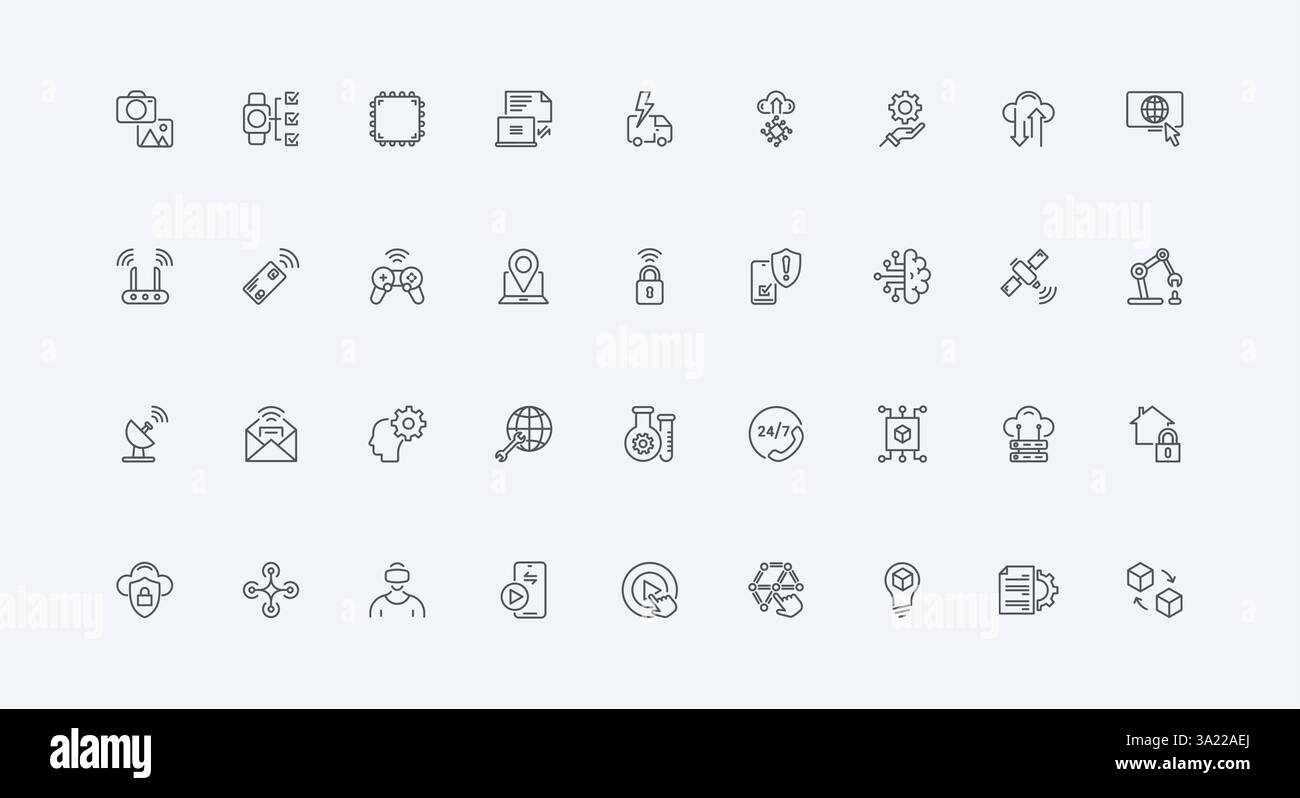 Satellite and router, robot production and drone, intelligent artificial brain thin black outline symbols vector illustration. Technology of future, digital innovation and AI line icon set Stock Vector