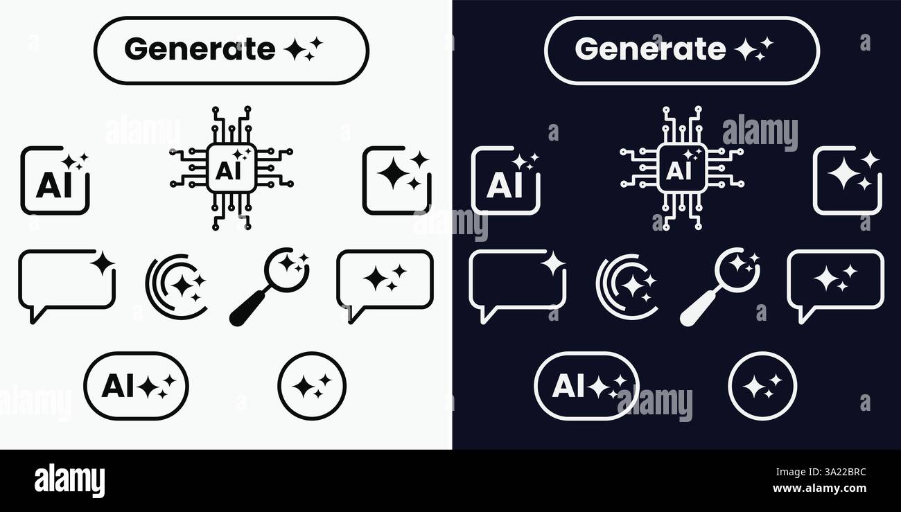 Artificial intelligence icons Ai, brain, tech chip Stock Vector