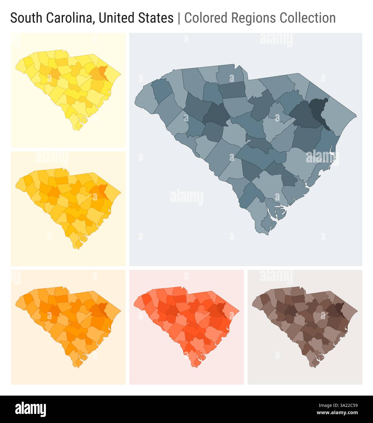 South Carolina United States - South Carolina United States Map Collection State Shape Colored Counties Blue Grey Yellow Amber Orange Deep Orange Brown Color Palettes 3A22C59 