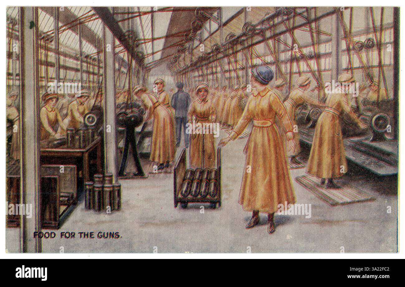 Original WW1 era illustrated colour postcard 'Food for the Guns', female munitions workers making shells in a factory c.1917, This is a special War bond Campaign Postcard, issued in connection with National War Savings Committee's Campaigns, 'Feed the Guns with War Bonds' is printed in the stamp box. British fund raising war effort. U.K. Stock Photo