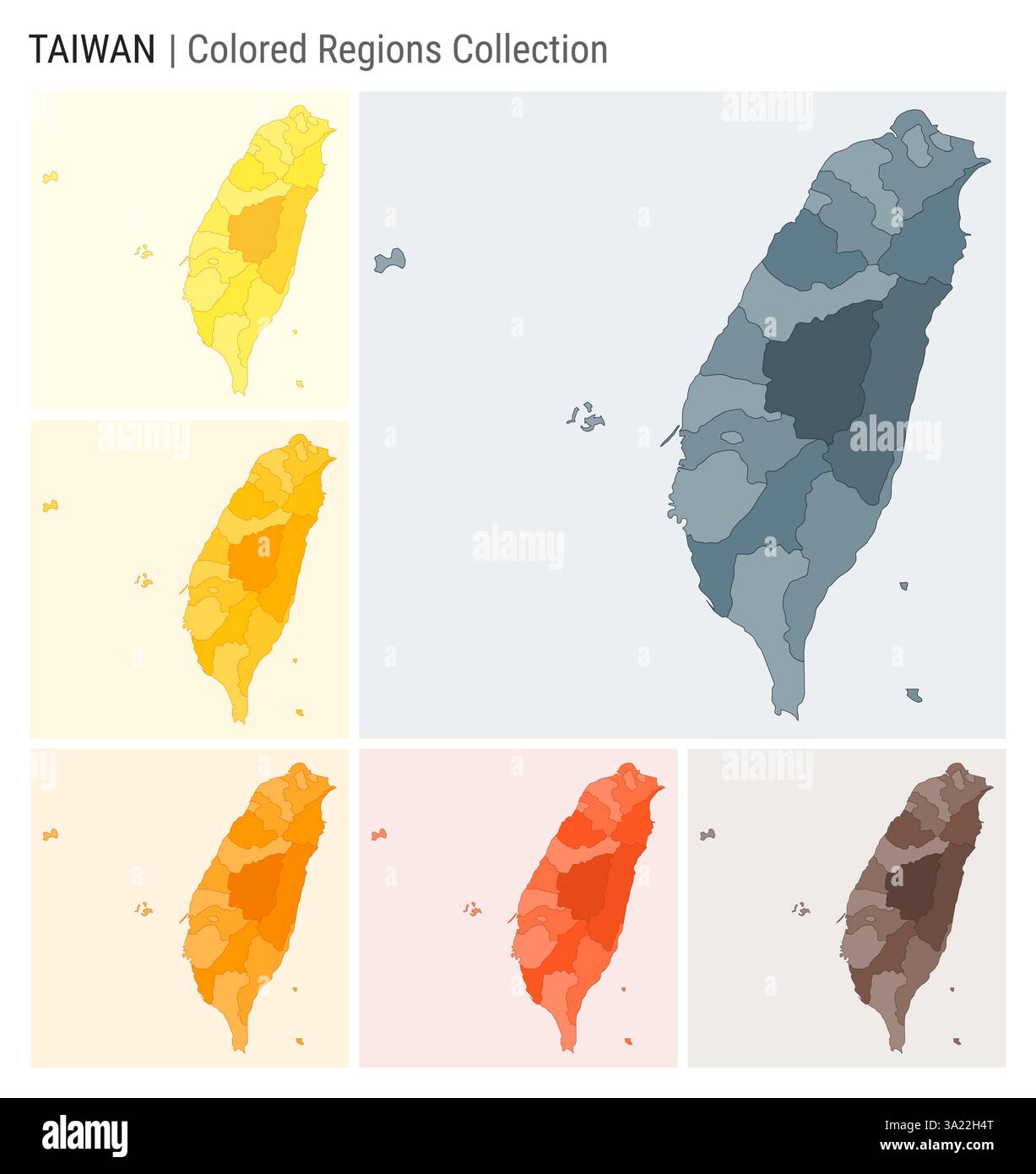 Taiwan map collection. Country shape with colored regions. Blue Grey ...