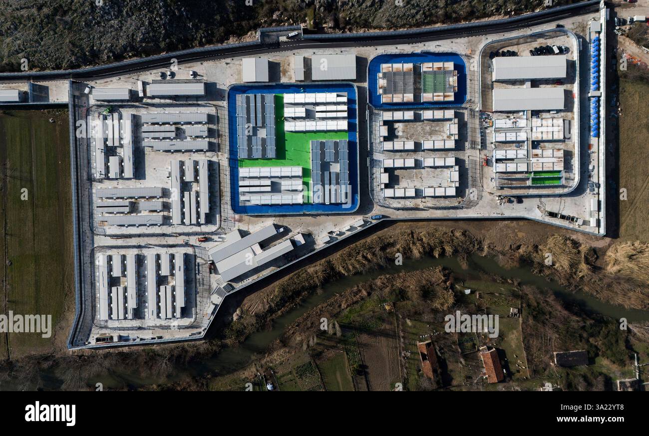 FILE - An aerial view of the Gjader migrant camp at Lezhë region