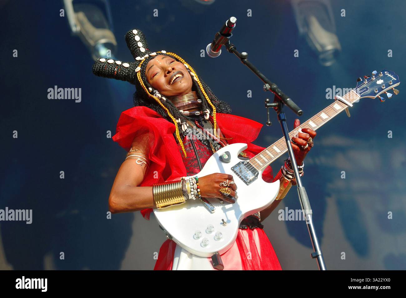 Crozon (Brittany, north-western France), August 3, 2024: Fatoumata Diawara in concert during the 9th edition of the "Festival du Bout du Monde" (world Stock Photo