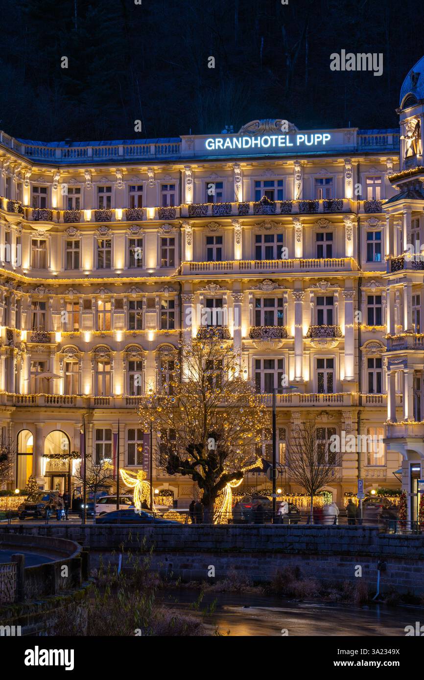 This is Grandhotel Pupp, a popular luxury hotel known for its spa in the town centre on December 23, 2024 in Karlovy Vary, Czech Republic Stock Photo