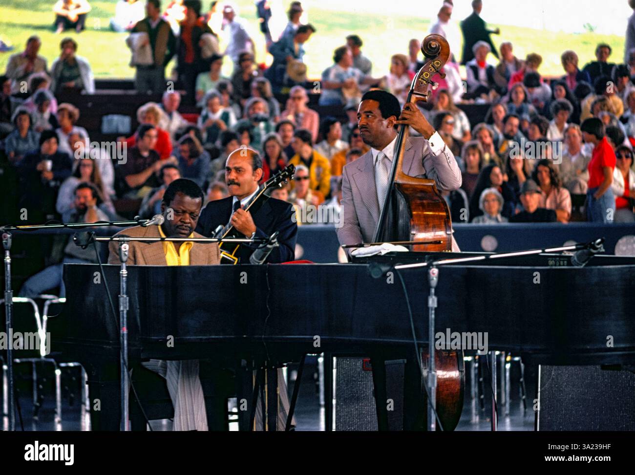 Legendary Jazz Musicians Oscar Peterson, Joe Pass and Ray Brown perform a concert on the well-know revolving stage at now defunct Ontario Place June 1976 in Toronto Ontario Canada Stock Photo