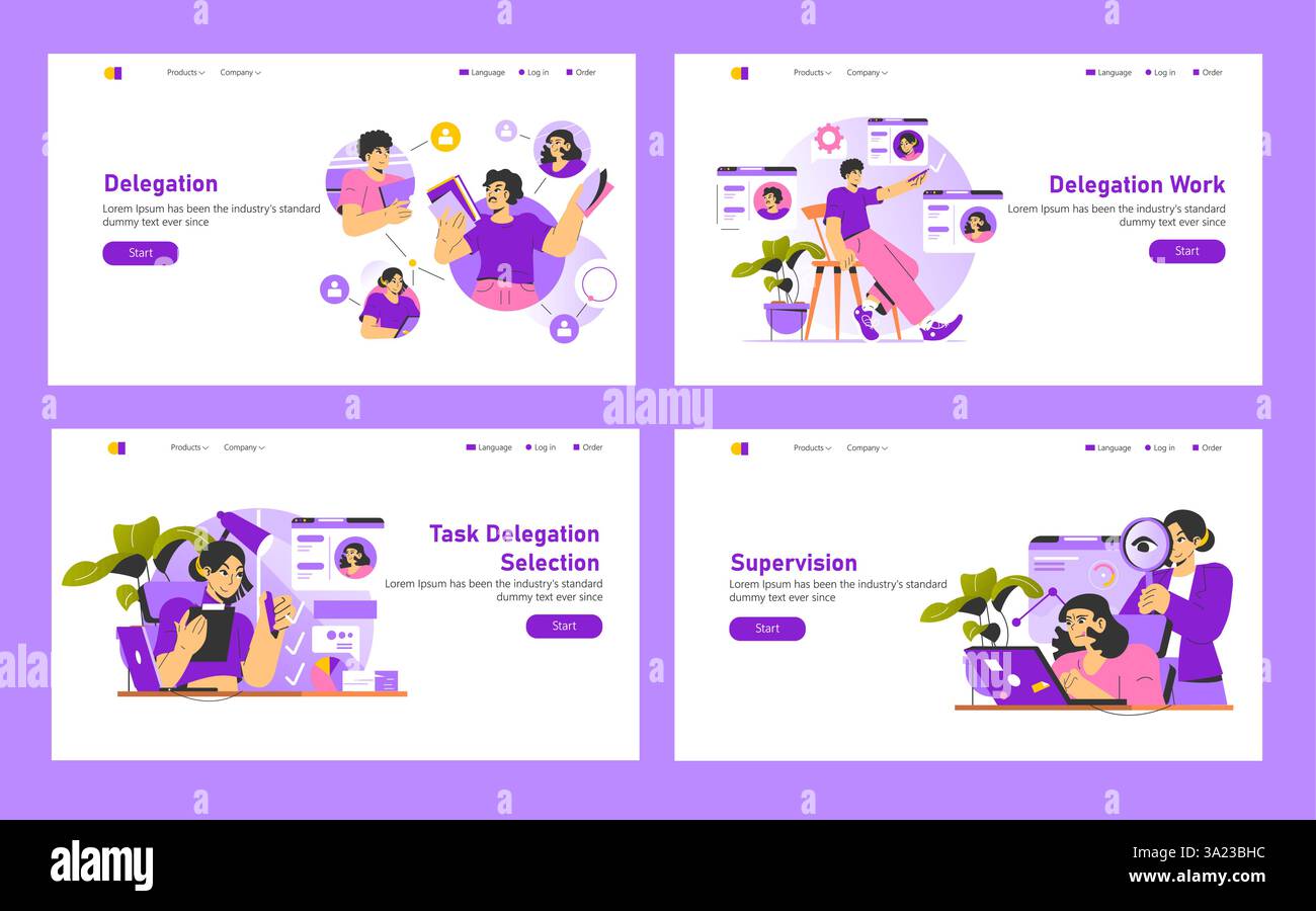 Delegation and teamwork focus on efficient task management in dynamic work environments. Explore supervision and selection techniques to optimize productivity and enhance collaboration. Vector illustration. Stock Vector