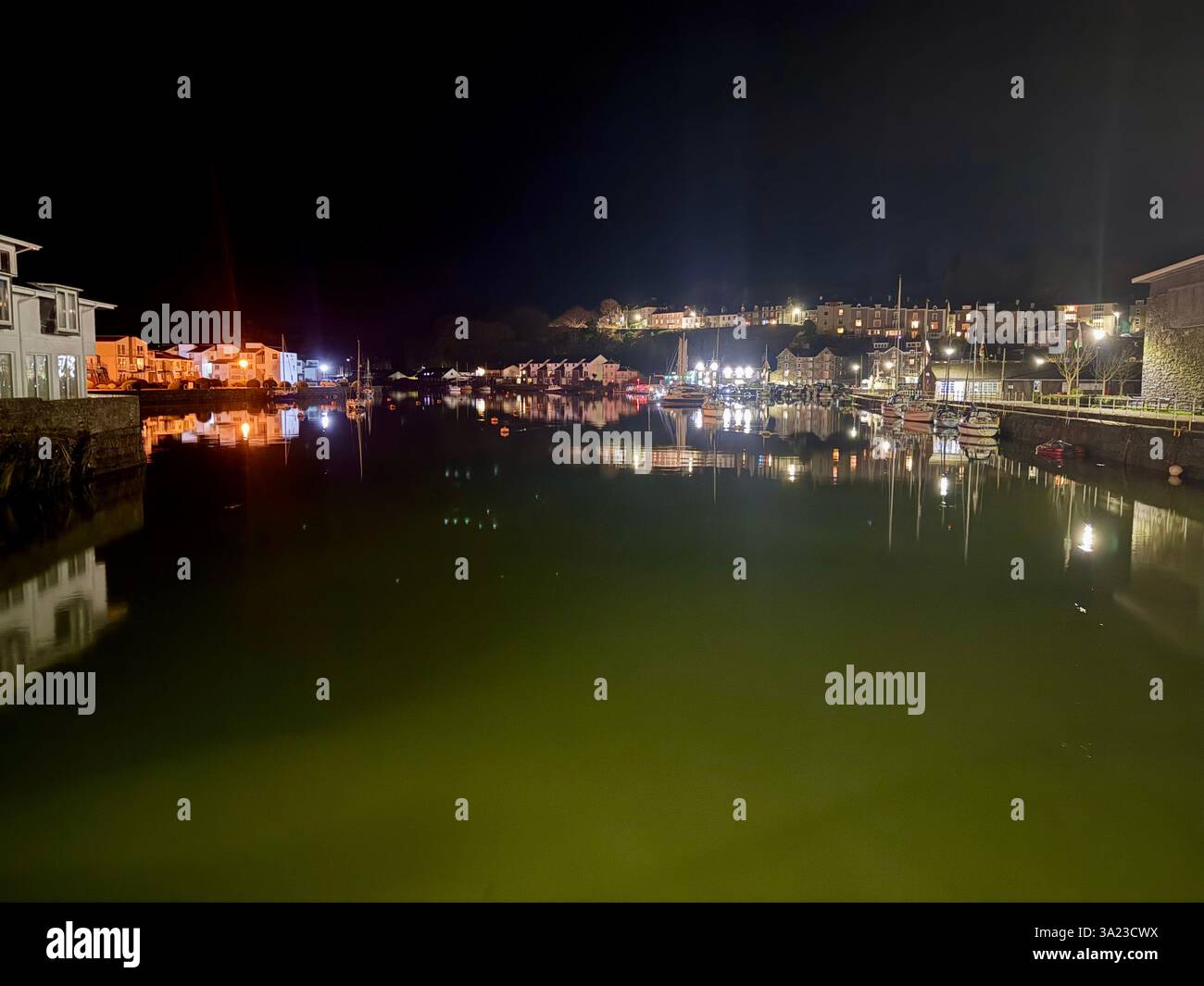 Night Time Reflections in Porthmadog Harbour, Gwynedd, Wales - Smartphone Captured Stock Image