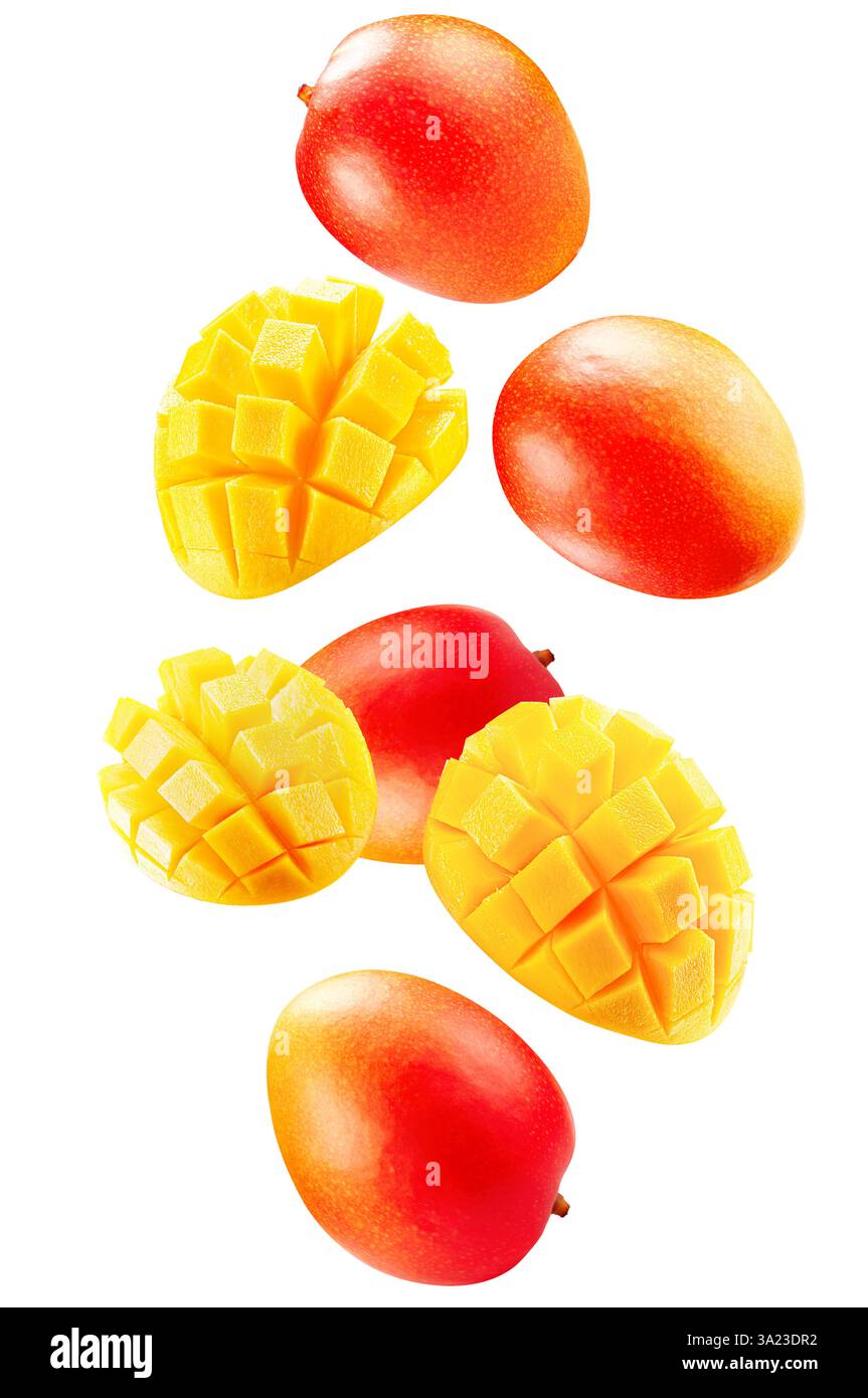 falling mangoes isolated on a white background. Stock Photo