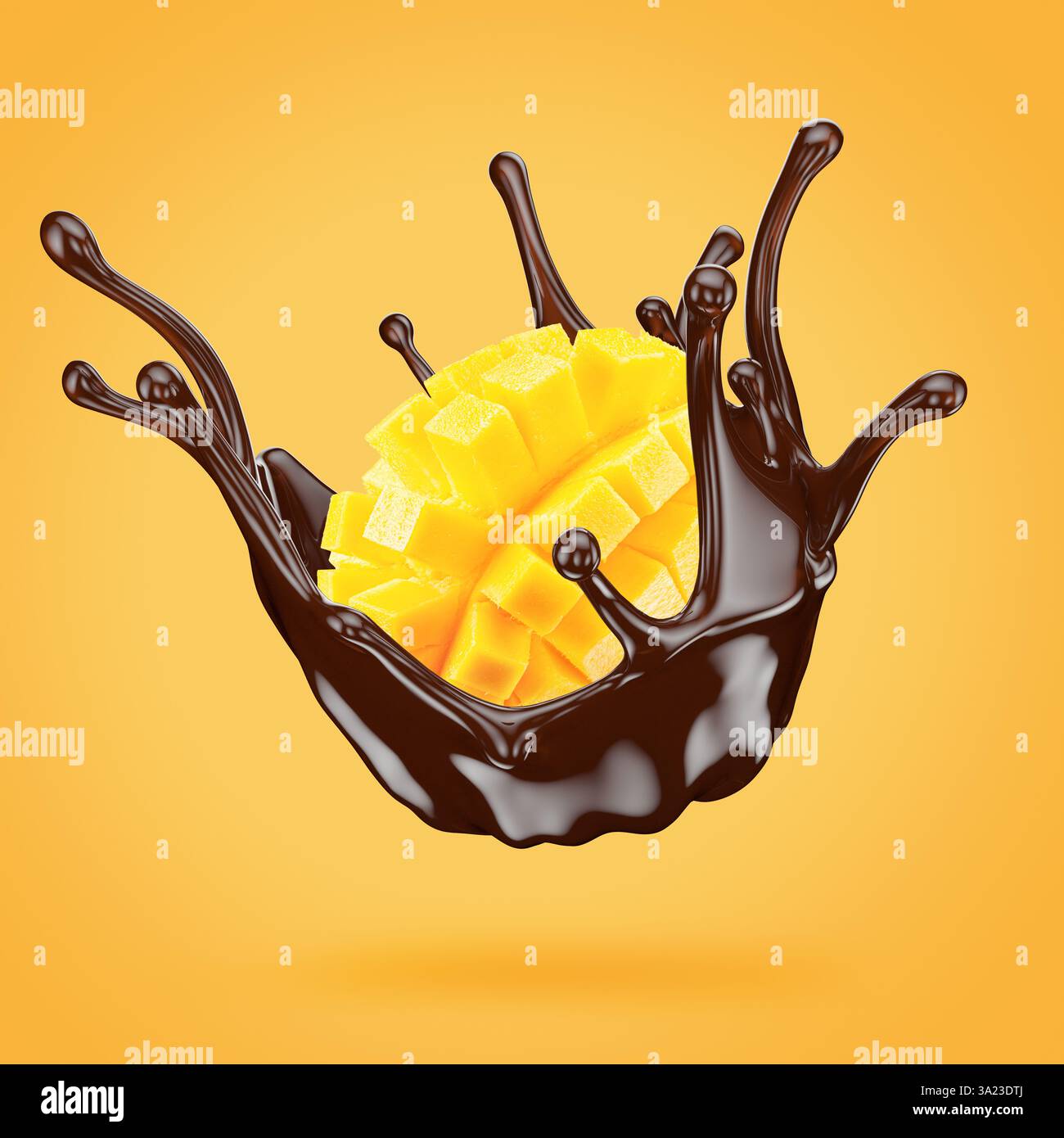 mango cube slices in chocolate splash on a light gorange background. Stock Photo