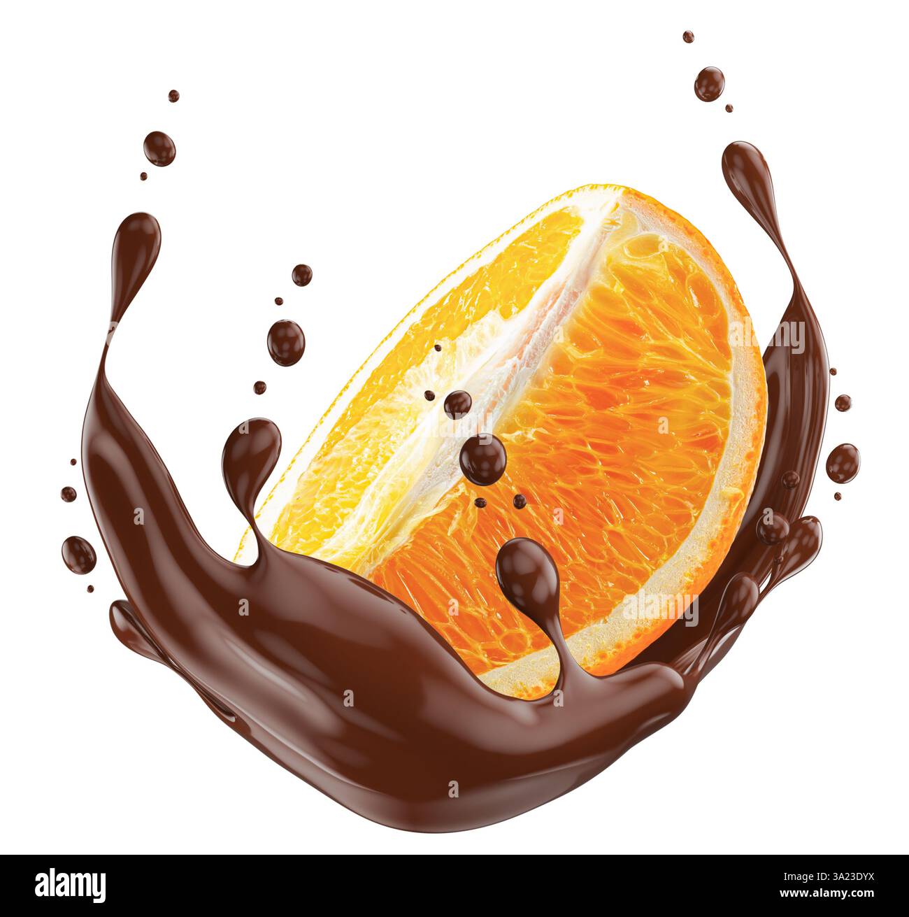 orange slice in chocolate splash isolated on a white background. Stock Photo