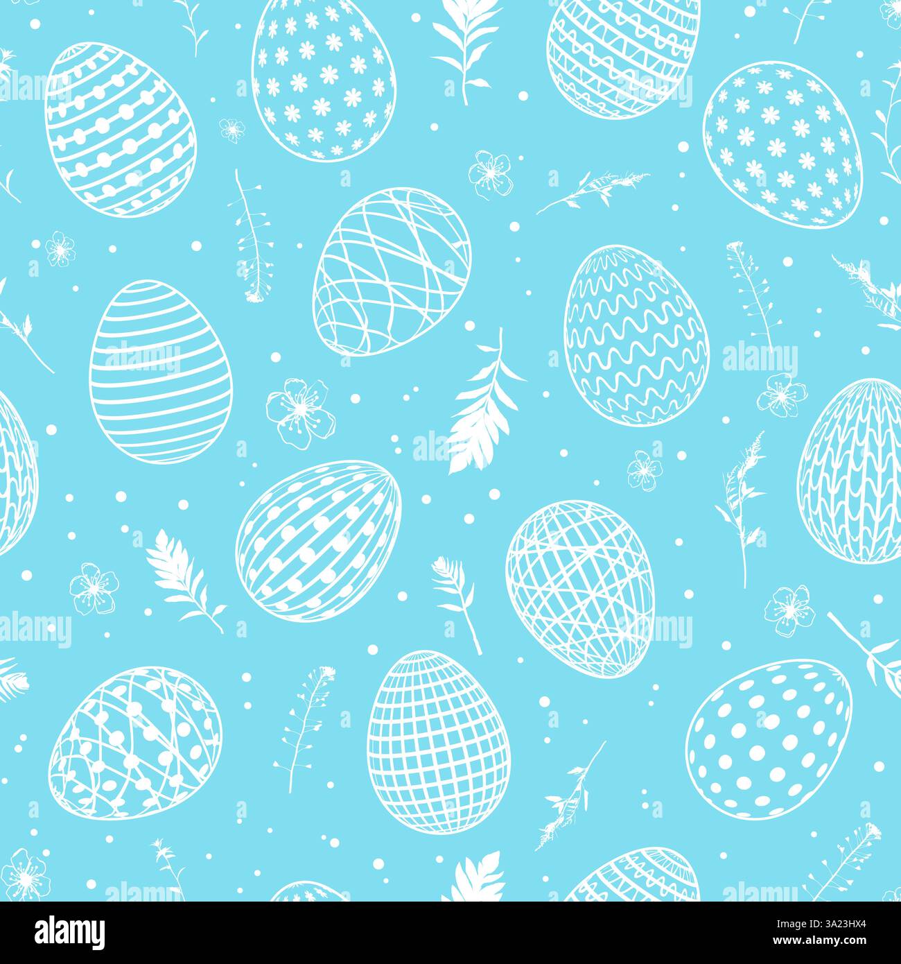 Seamless pattern background with Easter eggs, leaves and flowers. Vector illustration Stock Vector
