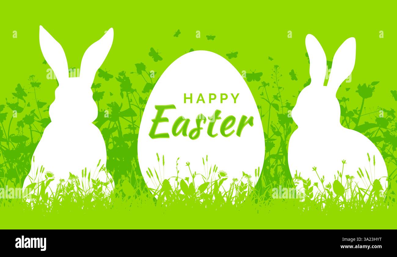 Happy Easter greeting card with Easter egg and bunnies Stock Vector