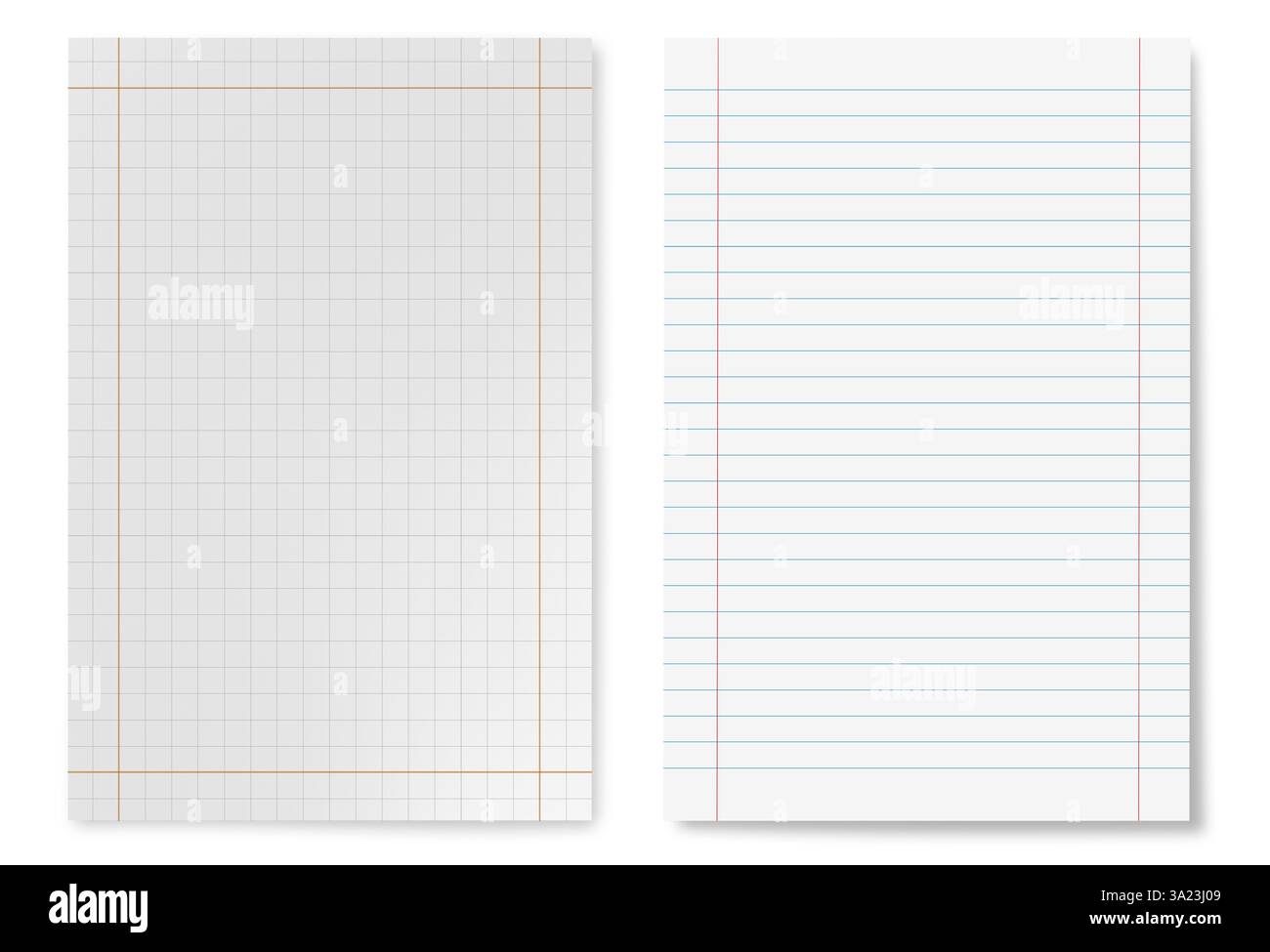 lined and squared sheetsisolated on white background Stock Photo