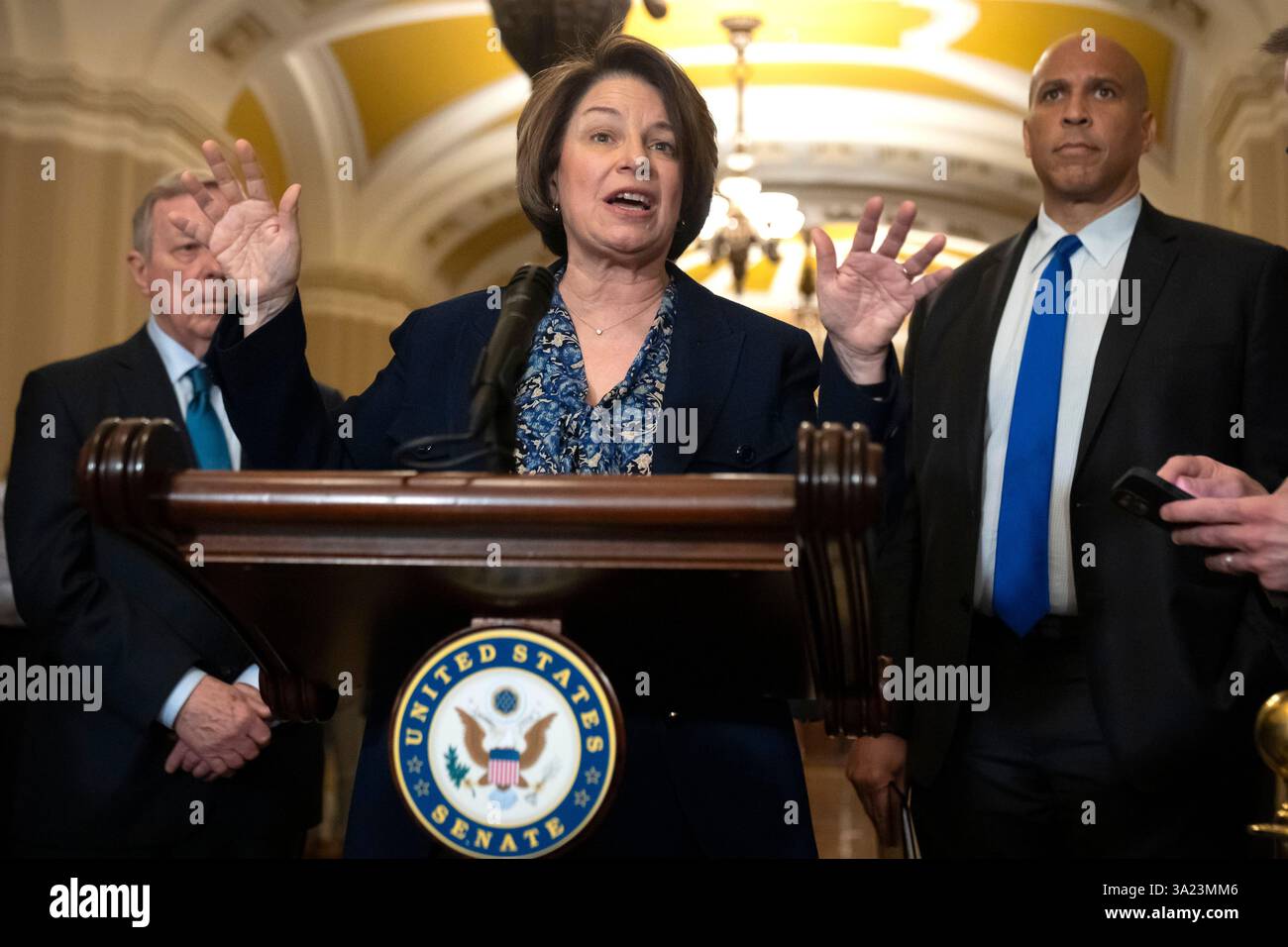 Sen. Amy Klobuchar, D-Minn., speaks to reporters after a Senate policy