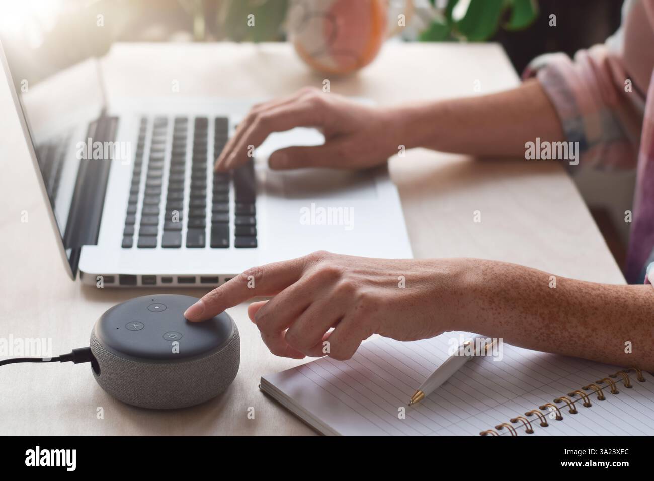 Woman sitting at desk typing on laptop computer and pressing button on virtual assistant smart speaker Stock Photo