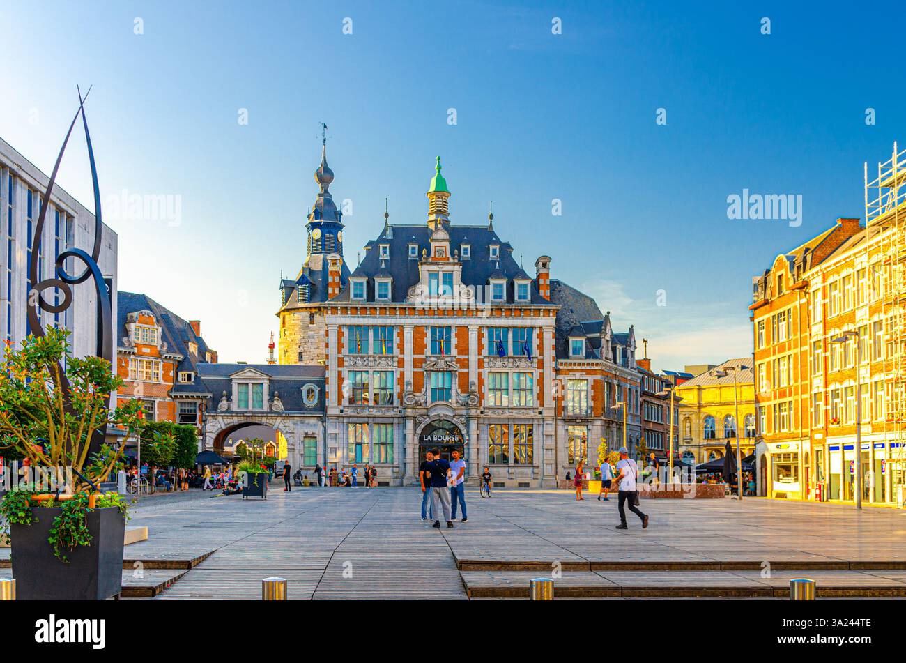 Namur, Belgium, July 8, 2023: Old Stock Exchange La Bourse building on Place d'Armes square and Belfry of Namur Beffroi de Namur in old town Namur his Stock Photo