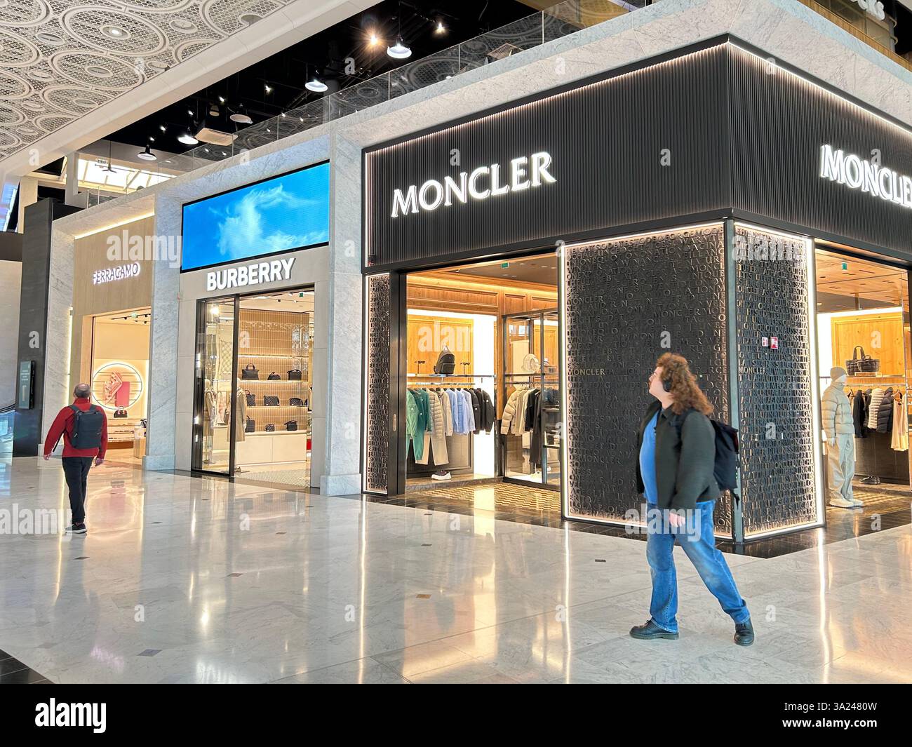 Roissy Airport, Paris, France, People Walking, Luxury Shops in Shopping Center « Moncler » Shop Front, - Smartphone Captured Stock Image