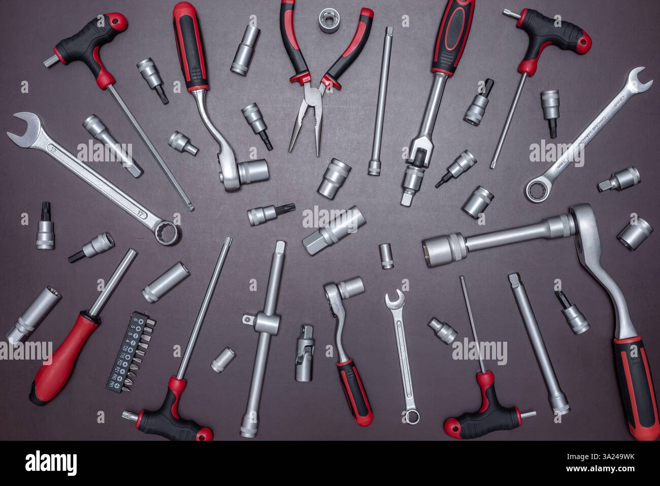 Set of various auto mechanic tools on a working table. Stock Photo