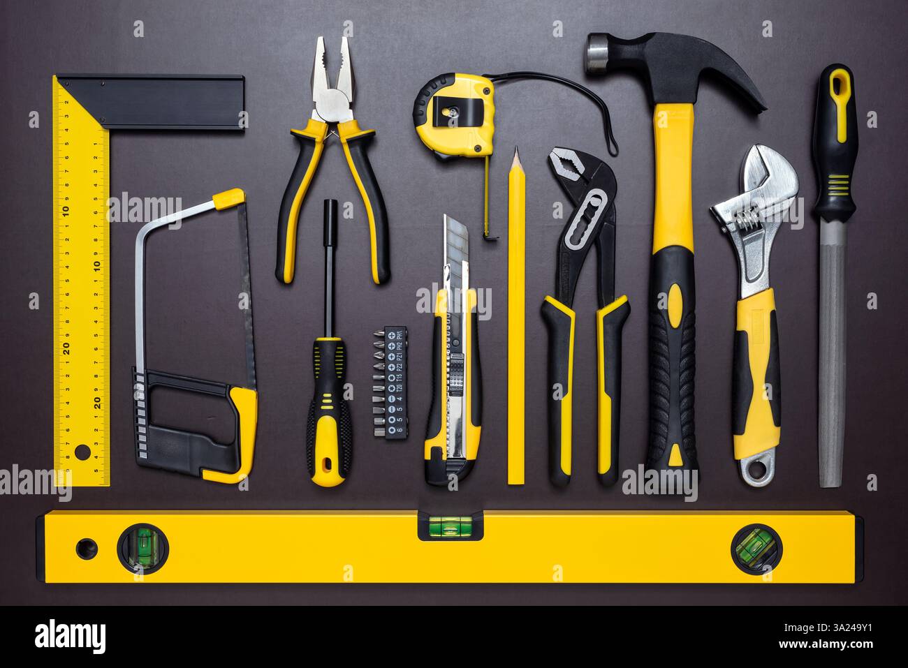 Various hand tools for build and repairing on working table. Stock Photo