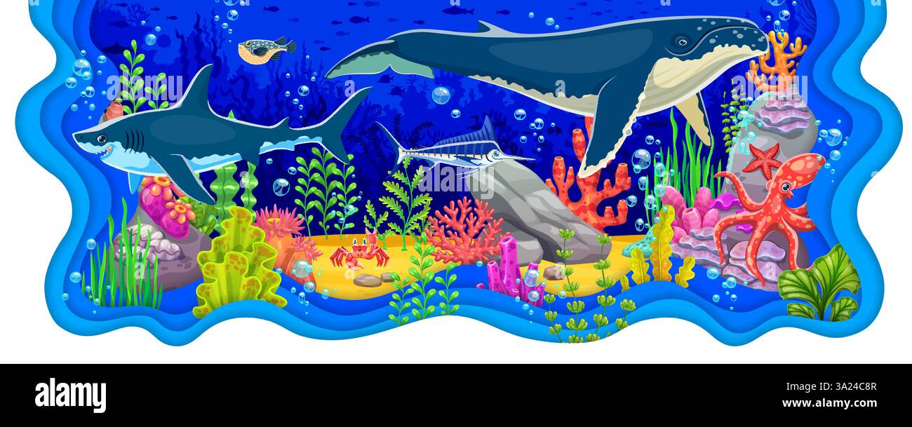 Paper cut underwater landscape with cartoon sea animals and fishes ...