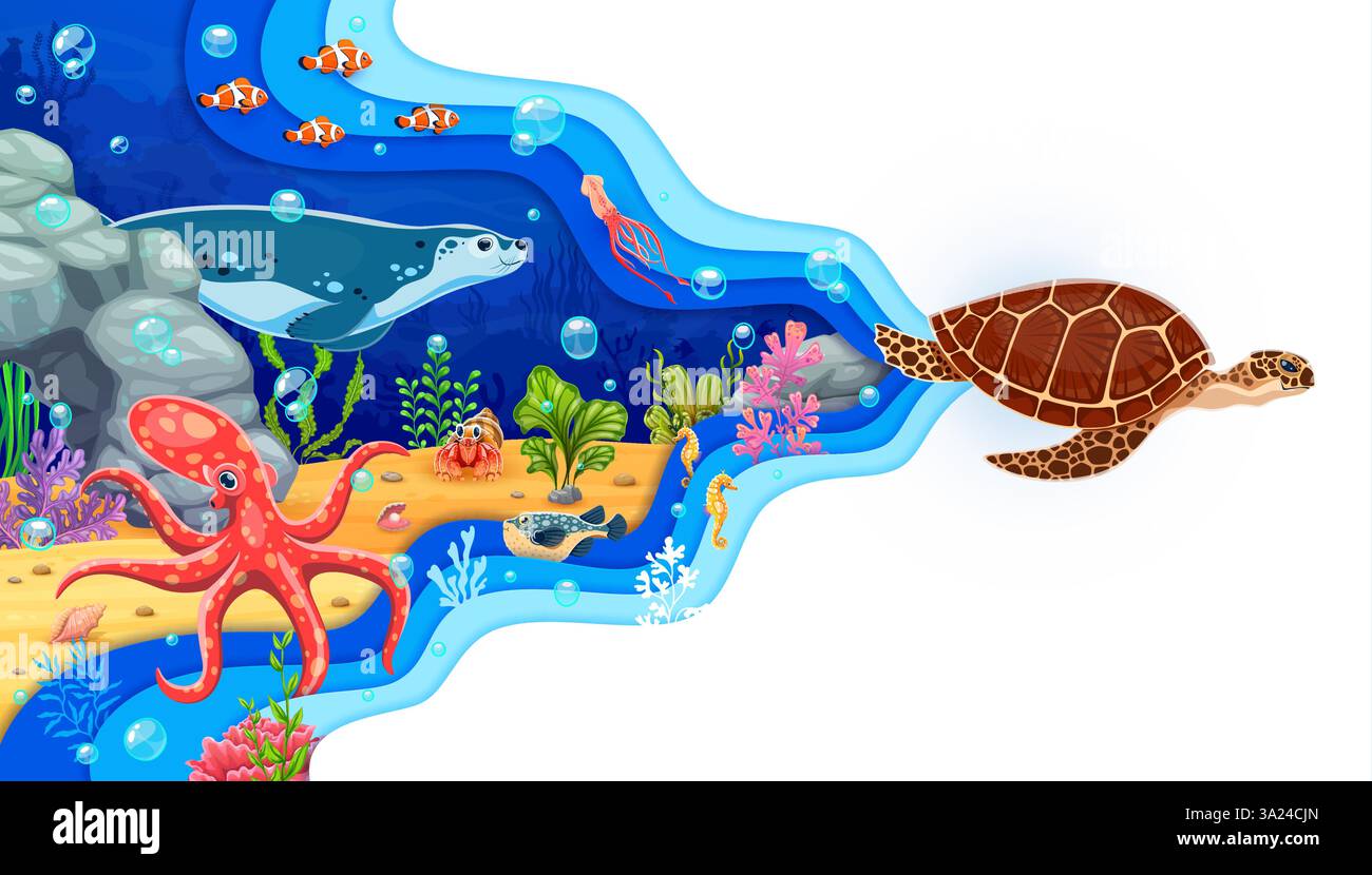 Paper cut underwater landscape with sea turtle, octopus and seal ...