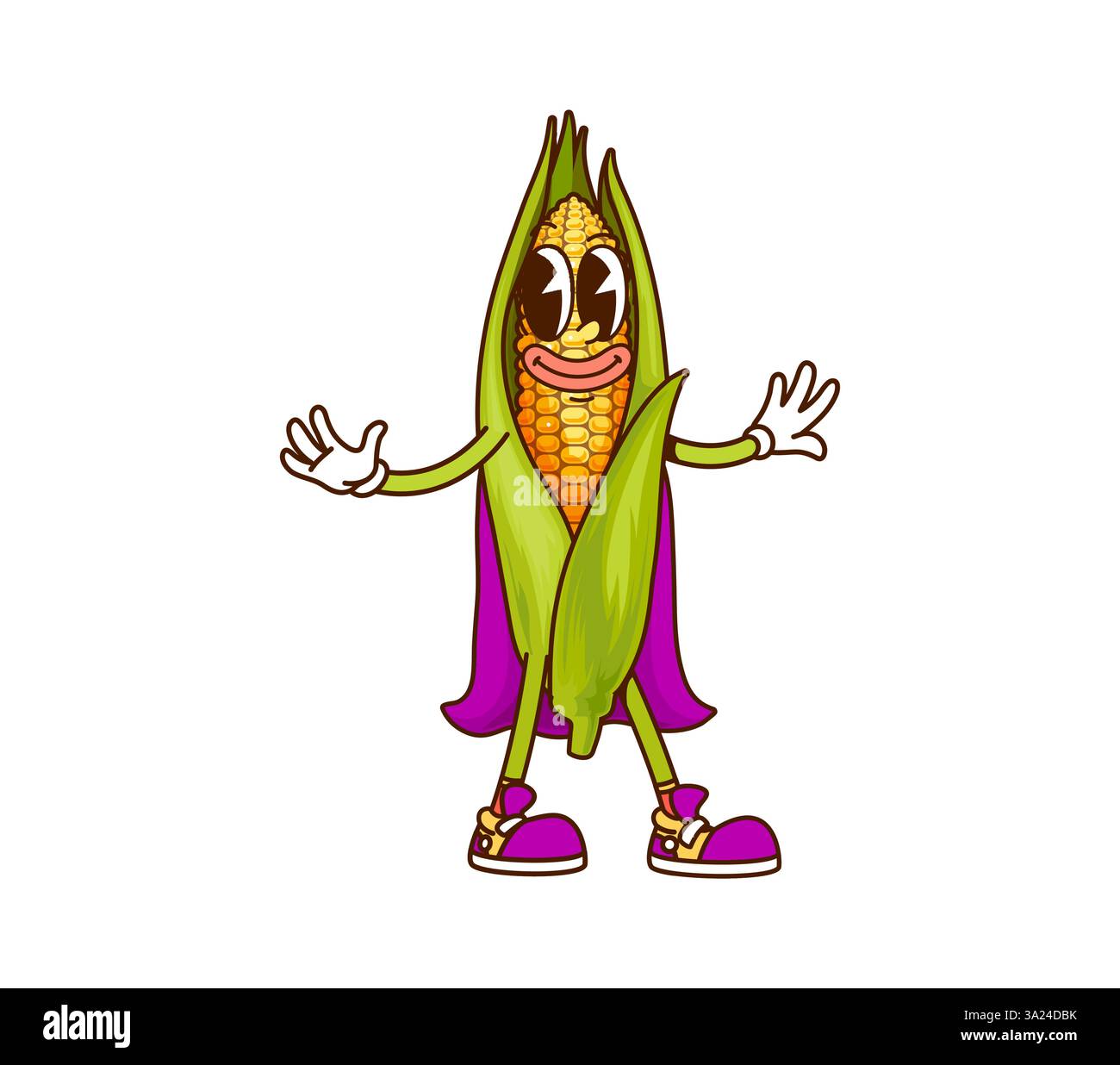 Cartoon groovy corn cob Halloween wizard vegetable character dressed in ...