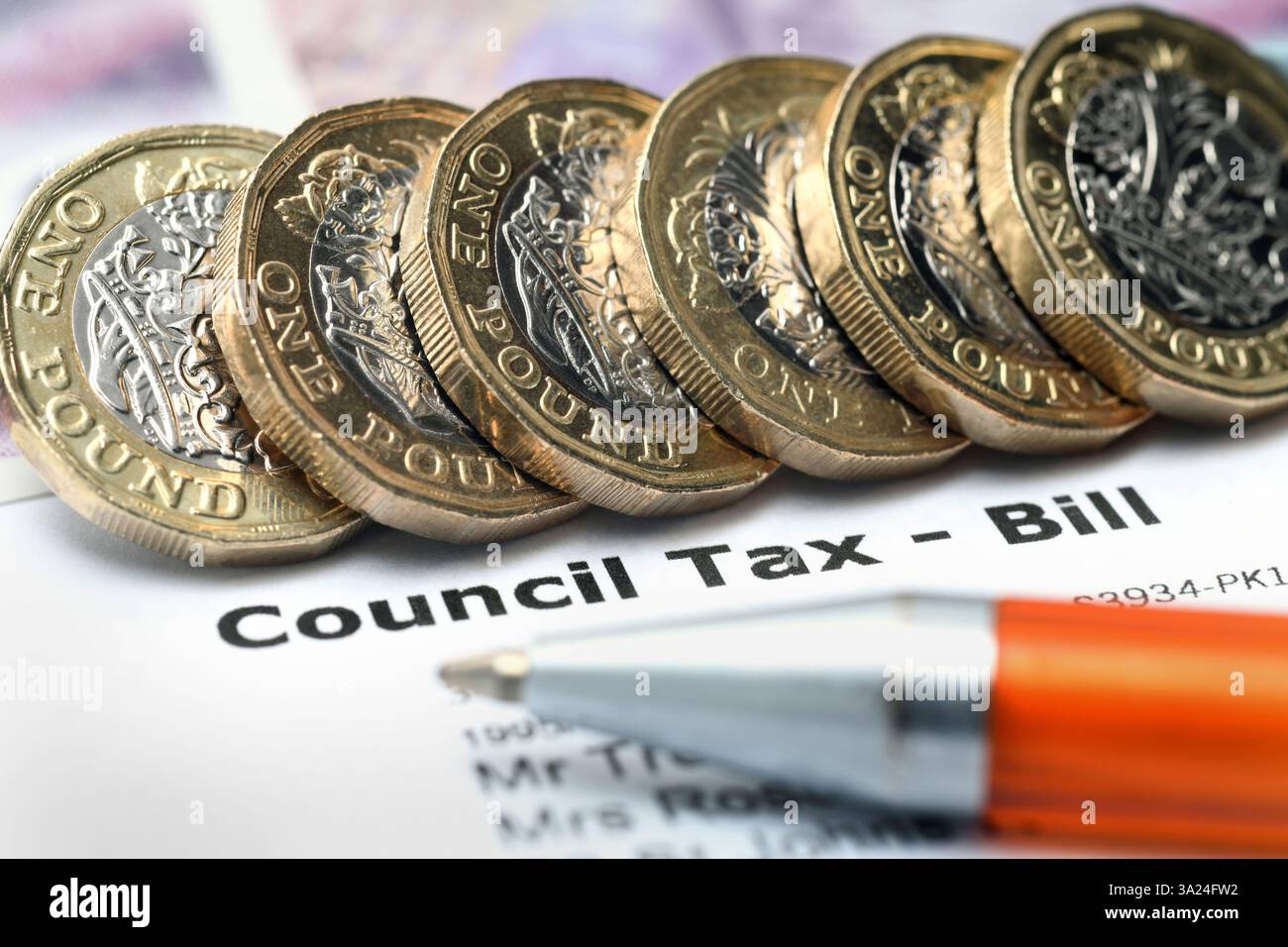COUNCIL TAX BILL WITH ONE POUND COINS RE COST OF LIVING CRISIS COUNCILS CHARGES SERVICES ETC UK Stock Photo