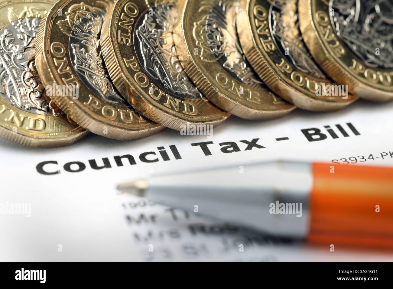 COUNCIL TAX BILL WITH ONE POUND COINS RE COST OF LIVING CRISIS COUNCILS CHARGES SERVICES ETC UK Stock Photo