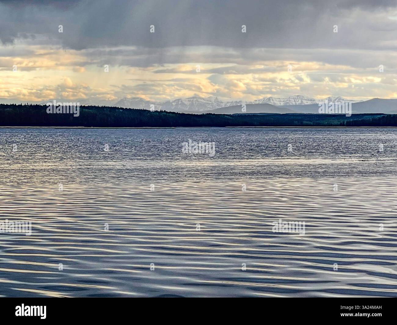 A vast lake with rippling water under a cloudy sky, with a forested shoreline and distant snow-capped mountains in the background. - Smartphone Captured Stock Image A vast lake with rippling water under a cloudy sky, with a forested shoreline and distant snow-capped mountains in the background. - Smartphone Captured Stock Image