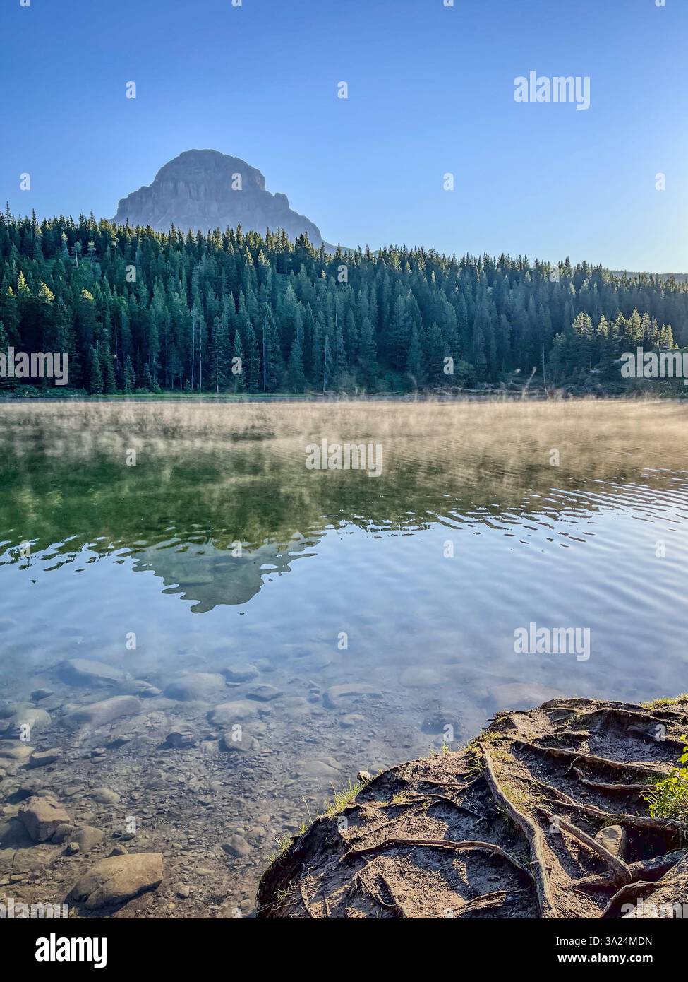A still lake reflecting a mountain peak and dense pine forest, with mist hovering over the water. The clear water reveals smooth stones beneath the su Stock Photo