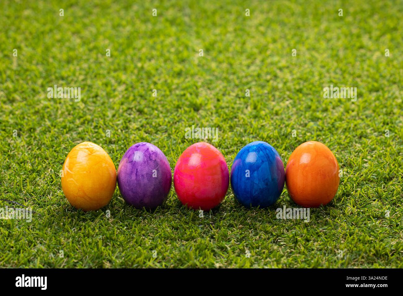 Five multi-colored Easter eggs stand in a row on the lawn Stock Photo