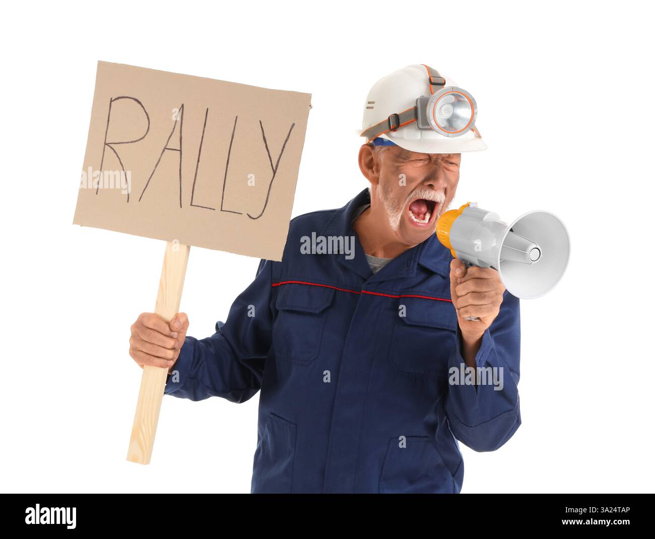 Protesting mature miner man with placard shouting into megaphone on white background Stock Photo