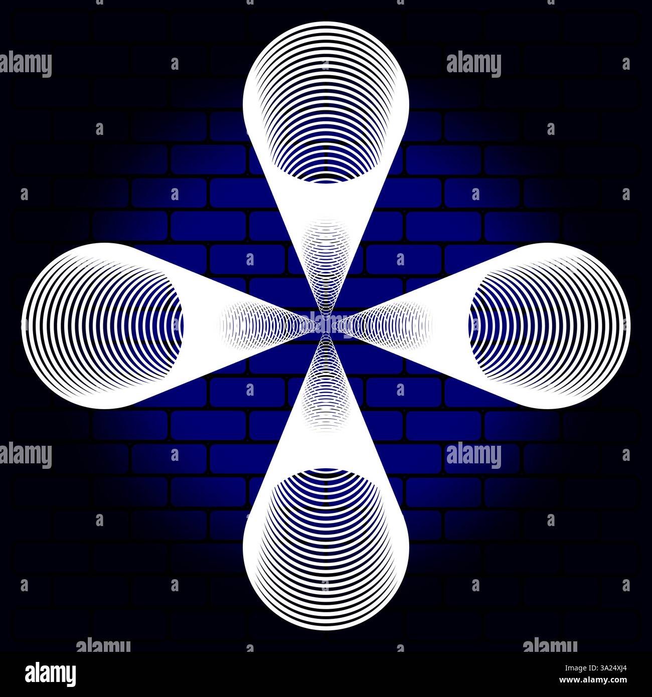 Optical tunnel art. Geometric depth illusion. Abstract vortex shape. Blue dark background. Stock Vector