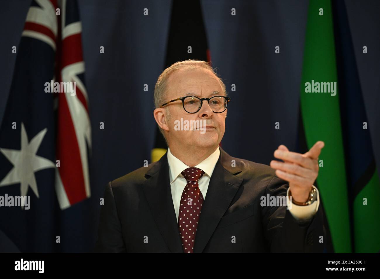 Prime Minister Anthony Albanese speaks to the media during a press