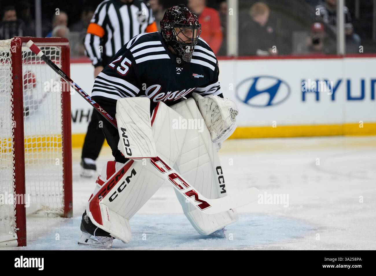 New Jersey Devils goaltender Jacob Markstrom (25) during the first period of an NHL hockey game