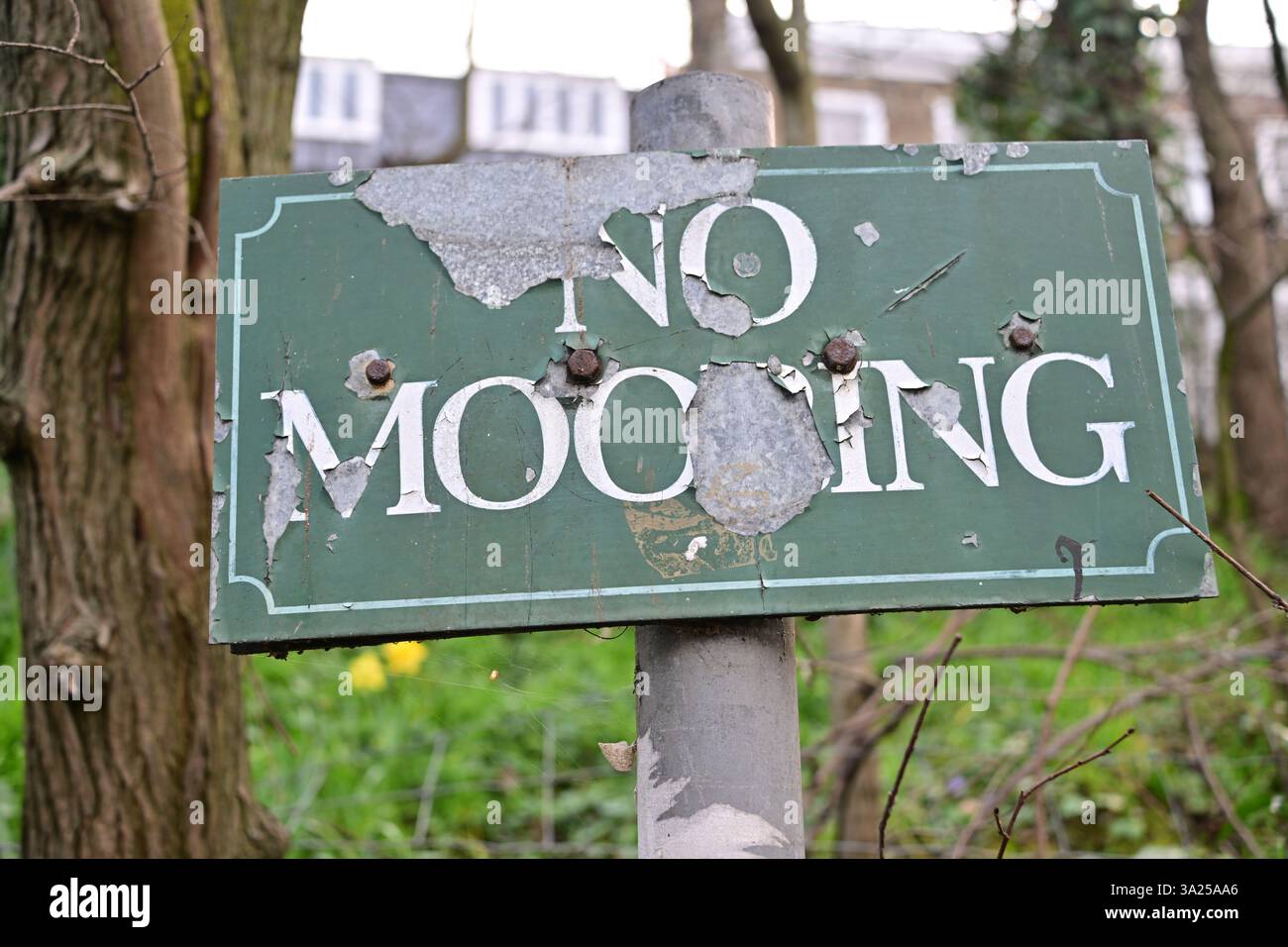 A partially erased sign reading 'No Mooring' on the bank of Regent’s ...