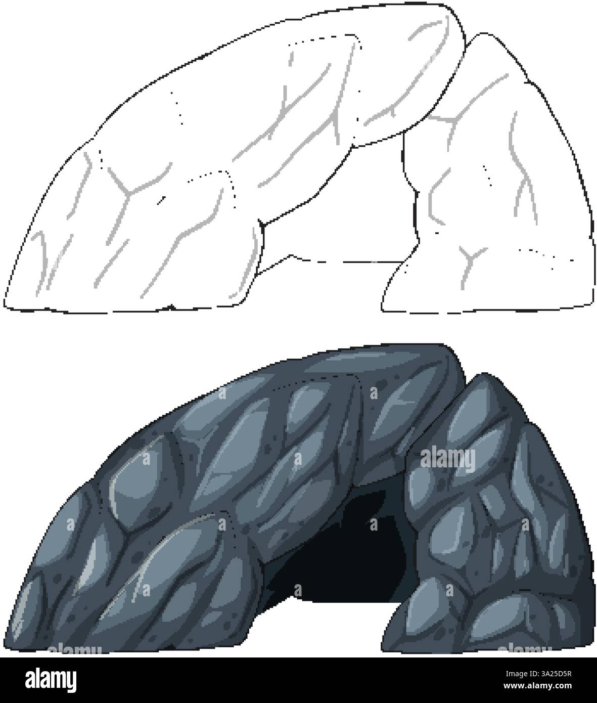 Detailed vector illustration of a rocky cave with bold outlines and ...