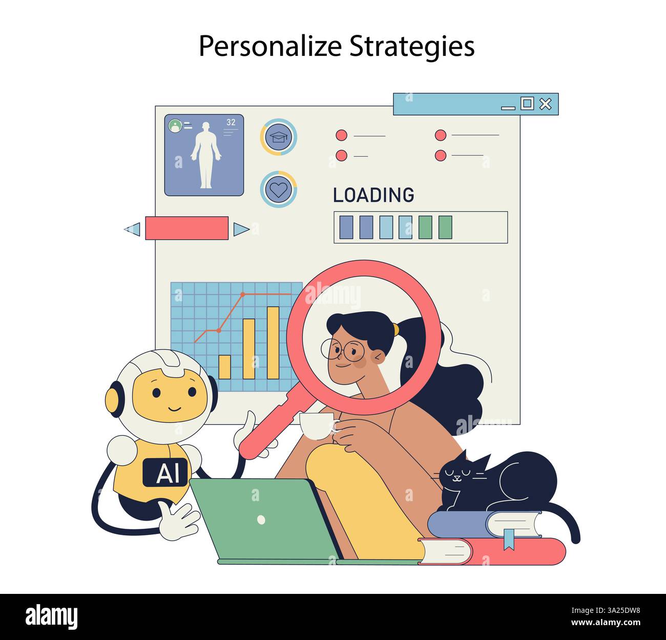 Robot advisor assists in personalized strategies through data analysis and user engagement. A visual blend of technology and companionship highlights innovative solutions for better decision-making. Vector illustration. Stock Vector