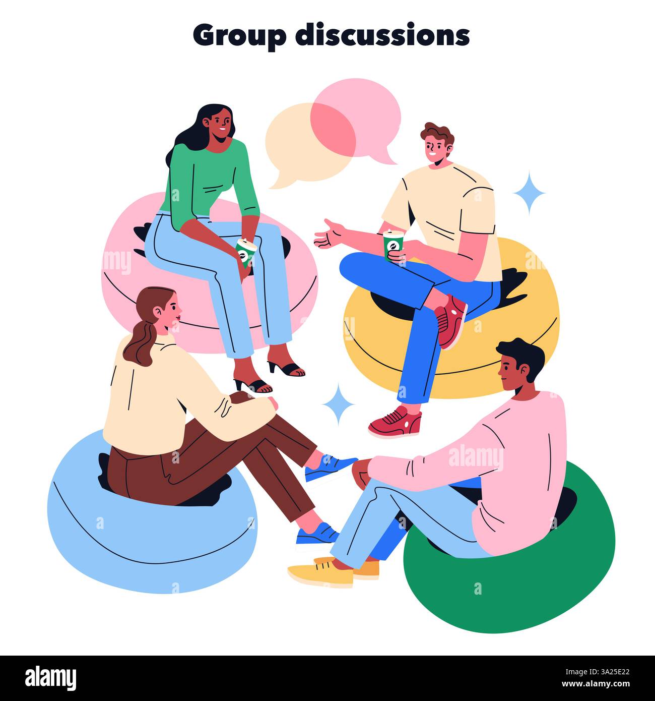 Group discussions are collaborative interactions fostering idea exchange among participants. These meetings enhance creativity and problem-solving through diverse perspectives. Engaging conversations promote team bonding and knowledge sharing. Vector illustration. Stock Vector